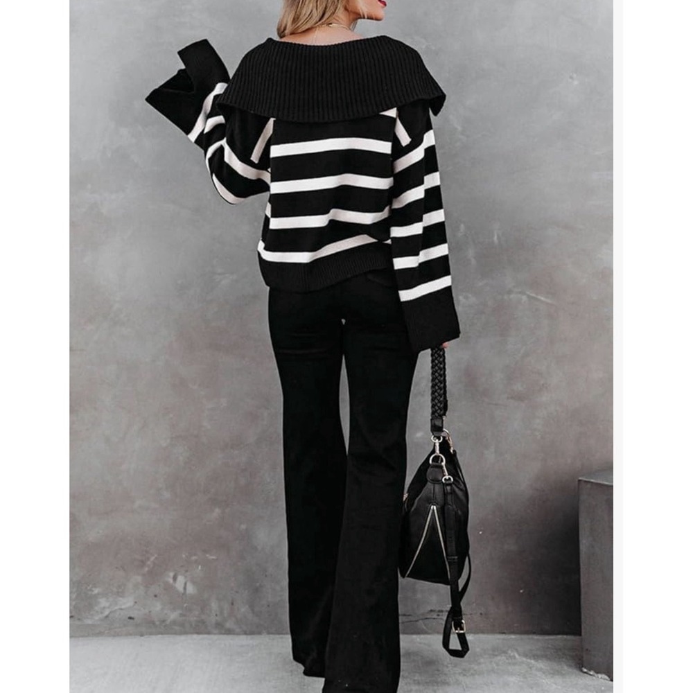 Black & White Striped V-Neck Sweater, XL - Picture 2 of 6